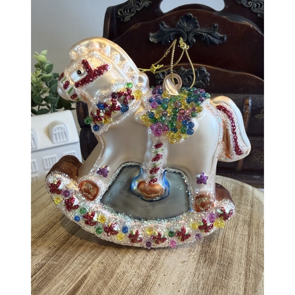 Scottish‎ Christmas Glass Rocking Horse Ornament Glitter Beaded 4.5"